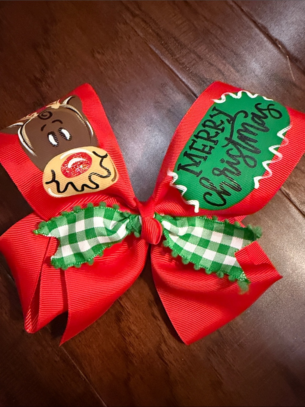 Kids Christmas Red Hair Bow with Green Accents - Festive Holiday Bow